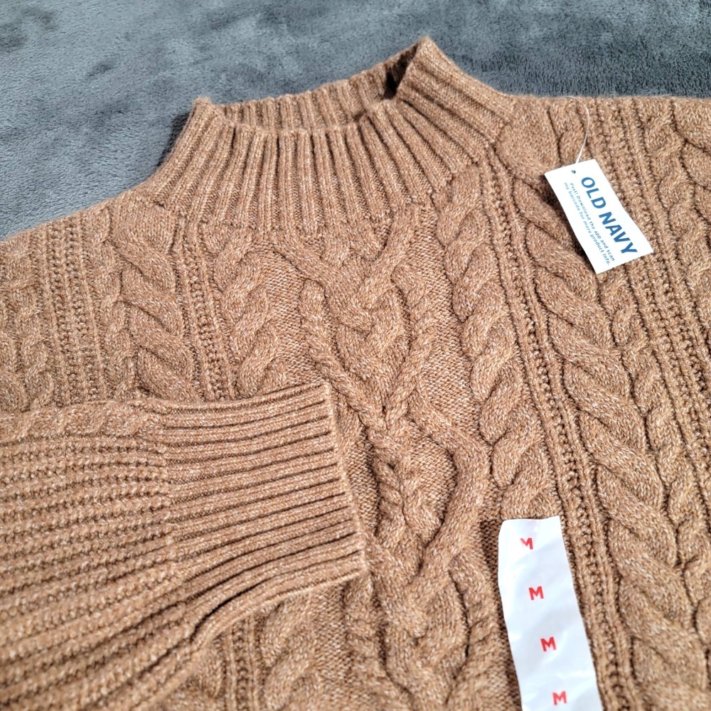 Old Navy Sweater Women Medium Brown SoSoft Cropped Mock Neck Cable Knit NWT